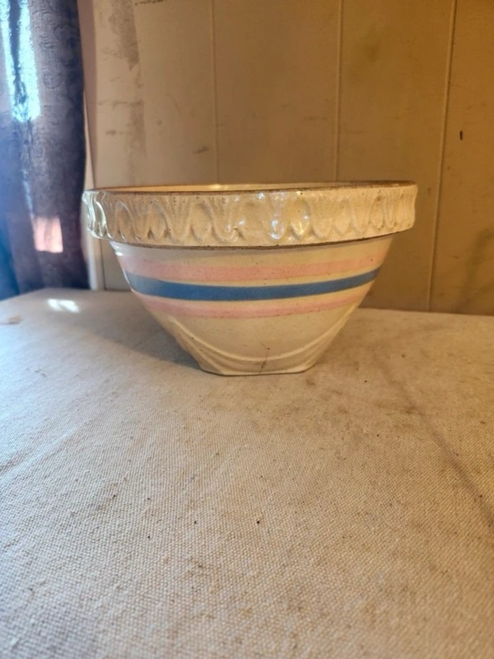 Vintage-Inspired Ceramic Serving Bowl with Blue and Pink Stripes